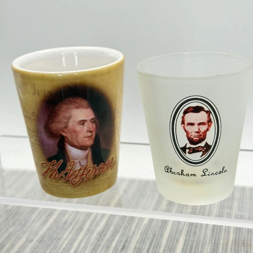 Library of Congress Thomas Jefferson Abraham Lincoln Shot Glass Set of 2 History